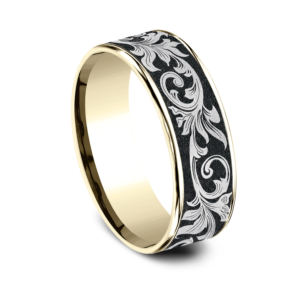 THE PRINCE 7.5mm, Comfort fit, 14K Yellow Gold and Grey/Black Titanium, Vintage script pattern, thin edges