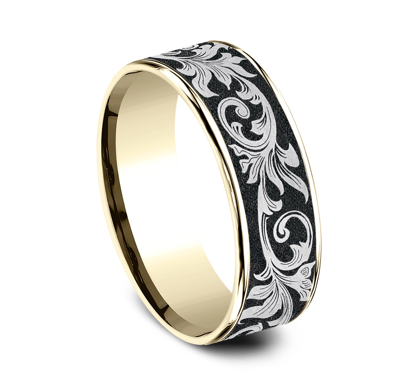 THE PRINCE 7.5mm, Comfort fit, 14K Yellow Gold and Grey/Black Titanium, Vintage script pattern, thin edges