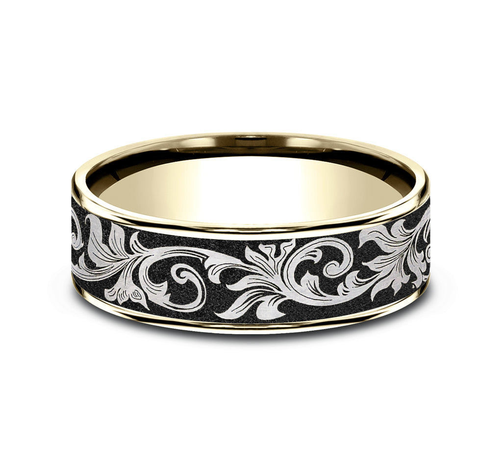 THE PRINCE 7.5mm, Comfort fit, 14K Yellow Gold and Grey/Black Titanium, Vintage script pattern, thin edges
