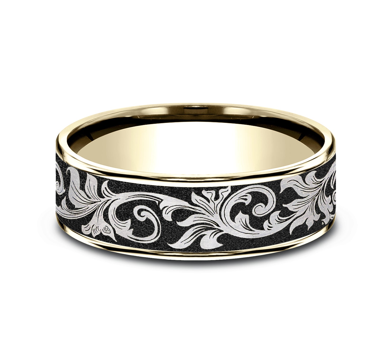THE PRINCE 7.5mm, Comfort fit, 14K Yellow Gold and Grey/Black Titanium, Vintage script pattern, thin edges