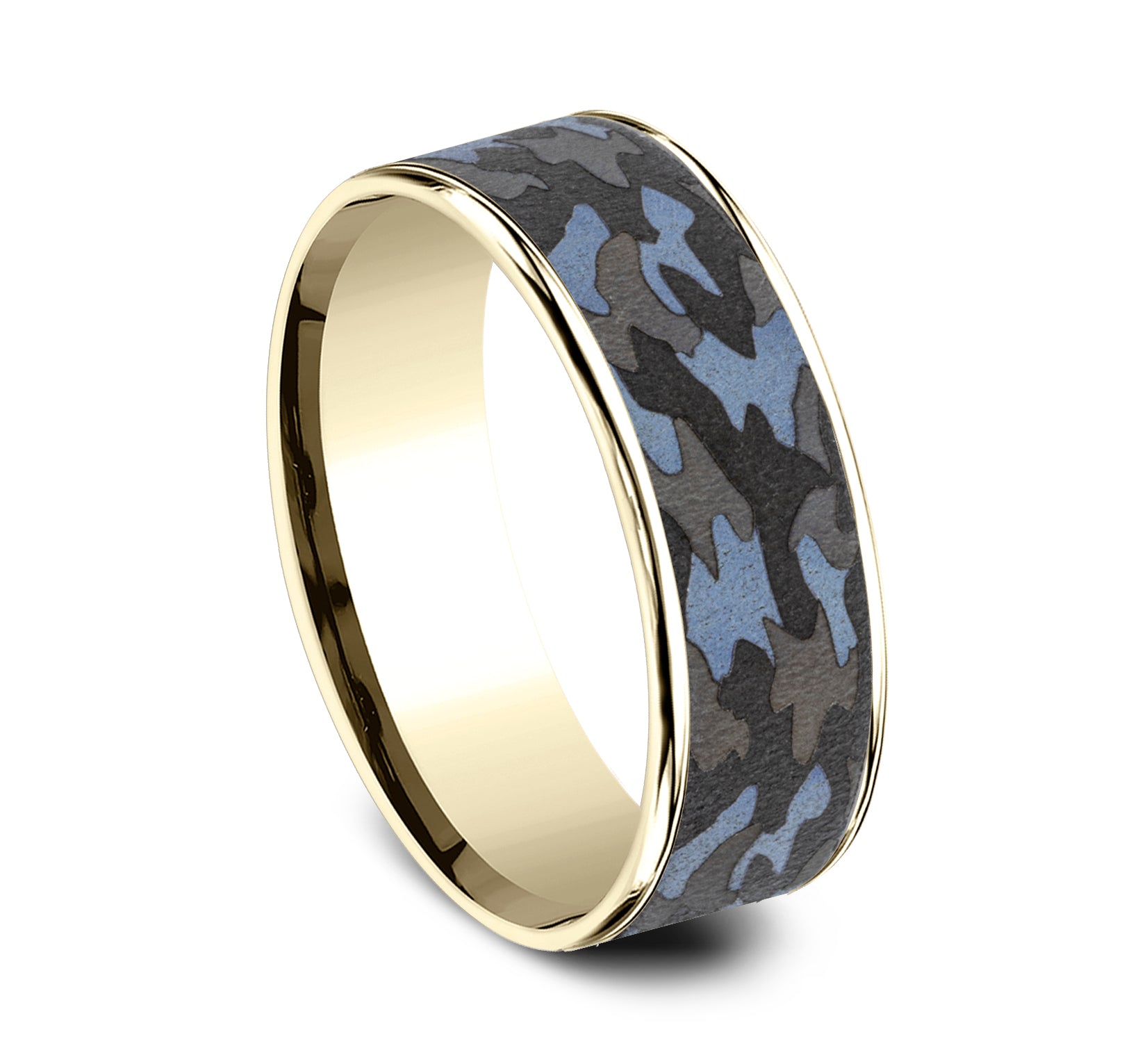 THE PATRIOT 7.5mm, Comfort fit, 14K Yellow Gold and Grey Tantalum, Camouflage patterned center, thin edges