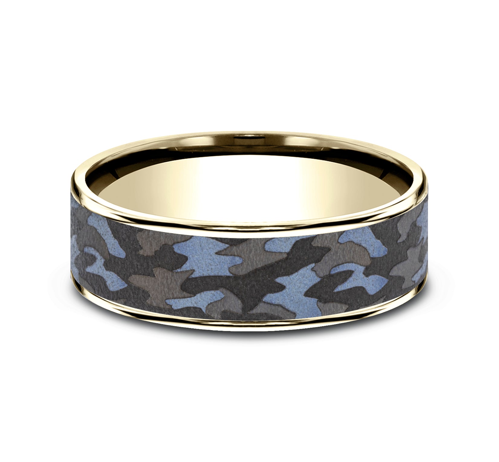 THE PATRIOT 7.5mm, Comfort fit, 14K Yellow Gold and Grey Tantalum, Camouflage patterned center, thin edges