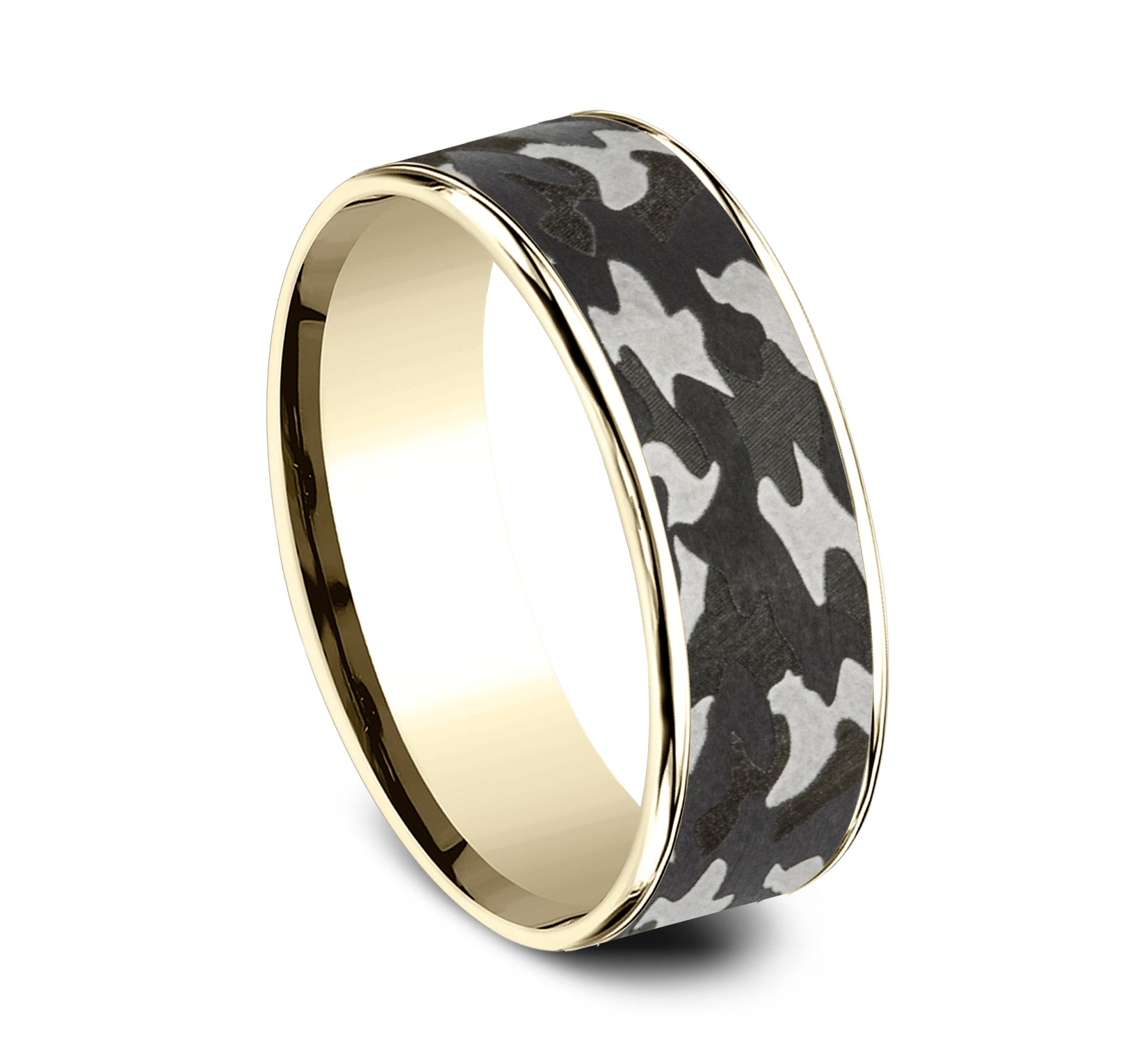 THE REBEL 7.5mm, Comfort fit, 14K Yellow Gold and Grey Tantalum, Camouflage patterned center, thin edges