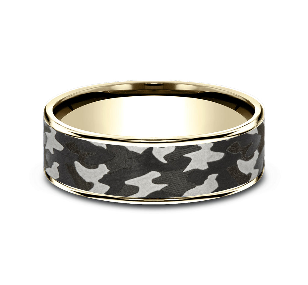 THE REBEL 7.5mm, Comfort fit, 14K Yellow Gold and Grey Tantalum, Camouflage patterned center, thin edges