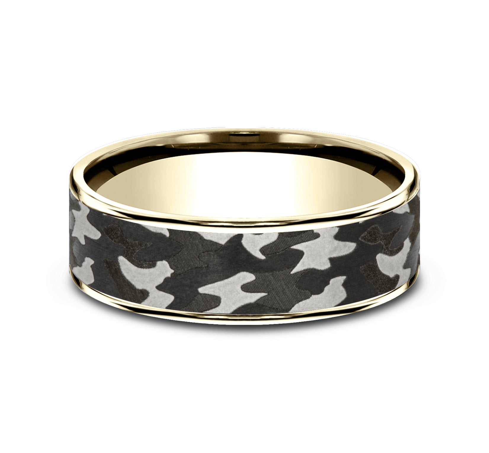 THE REBEL 7.5mm, Comfort fit, 14K Yellow Gold and Grey Tantalum, Camouflage patterned center, thin edges