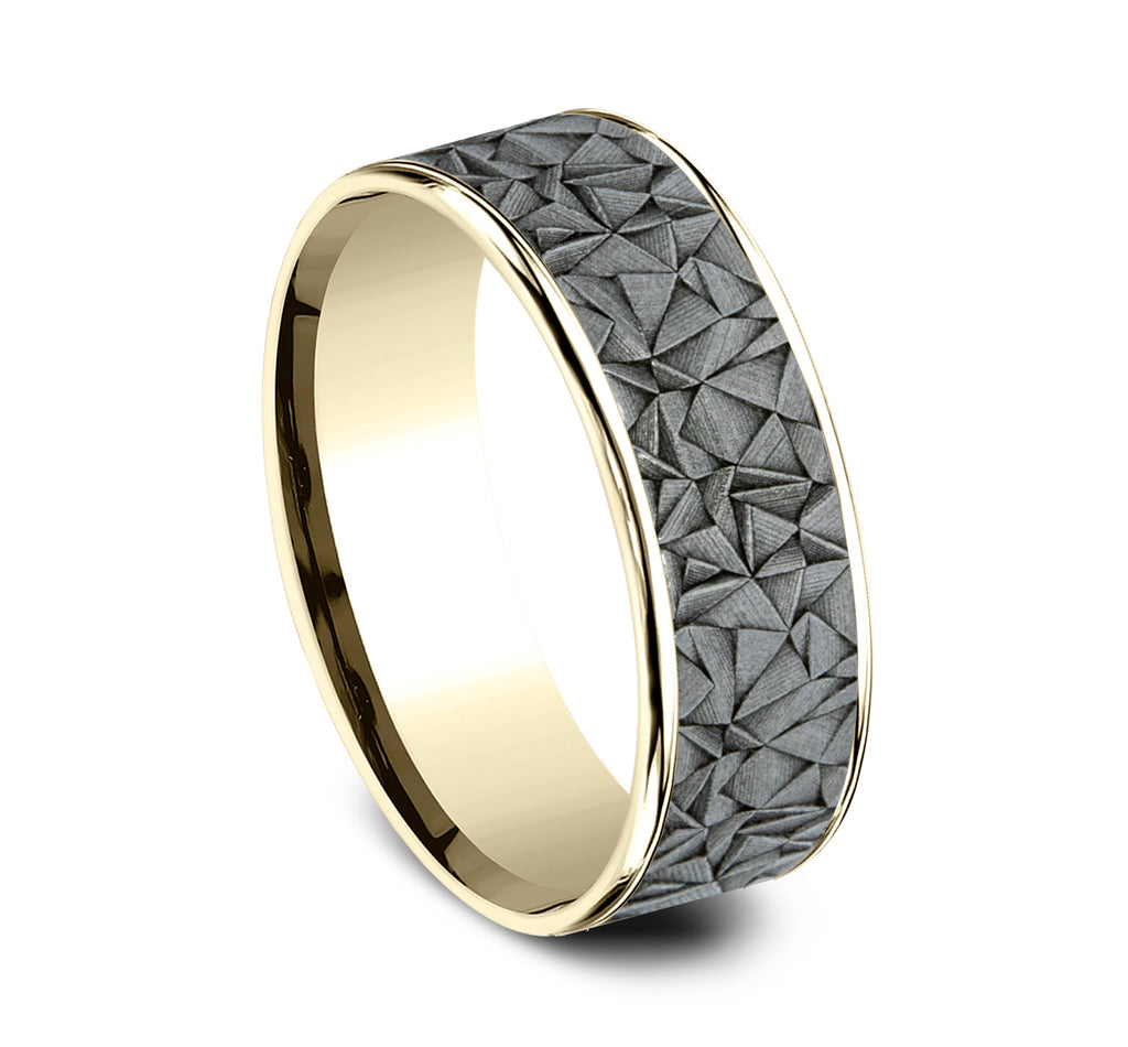 THE GALLERY 7.5mm, Comfort fit, 14K Yellow Gold and Grey Tantalum, Kaleidoscope patterned center, thin edges