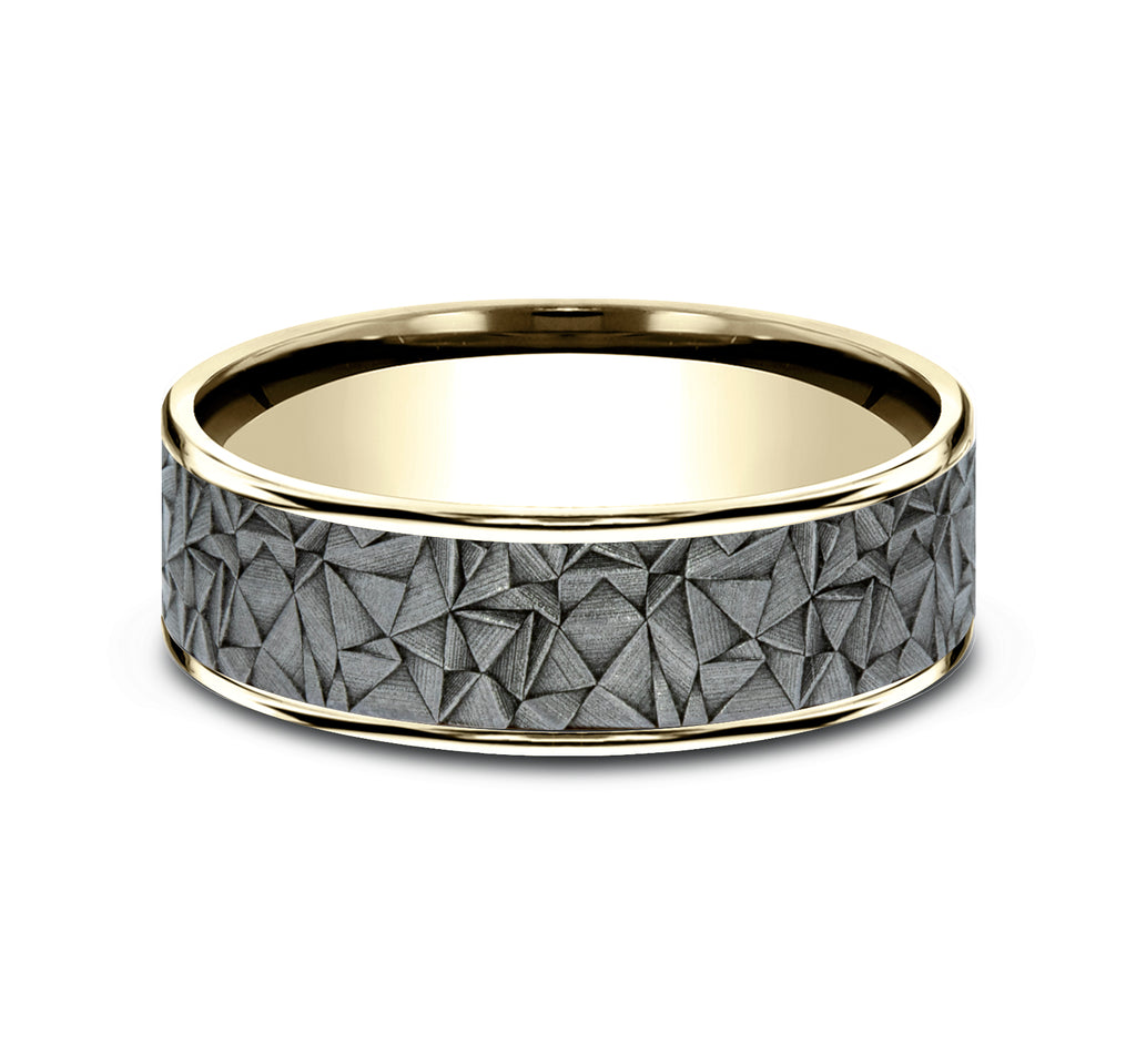 THE GALLERY 7.5mm, Comfort fit, 14K Yellow Gold and Grey Tantalum, Kaleidoscope patterned center, thin edges
