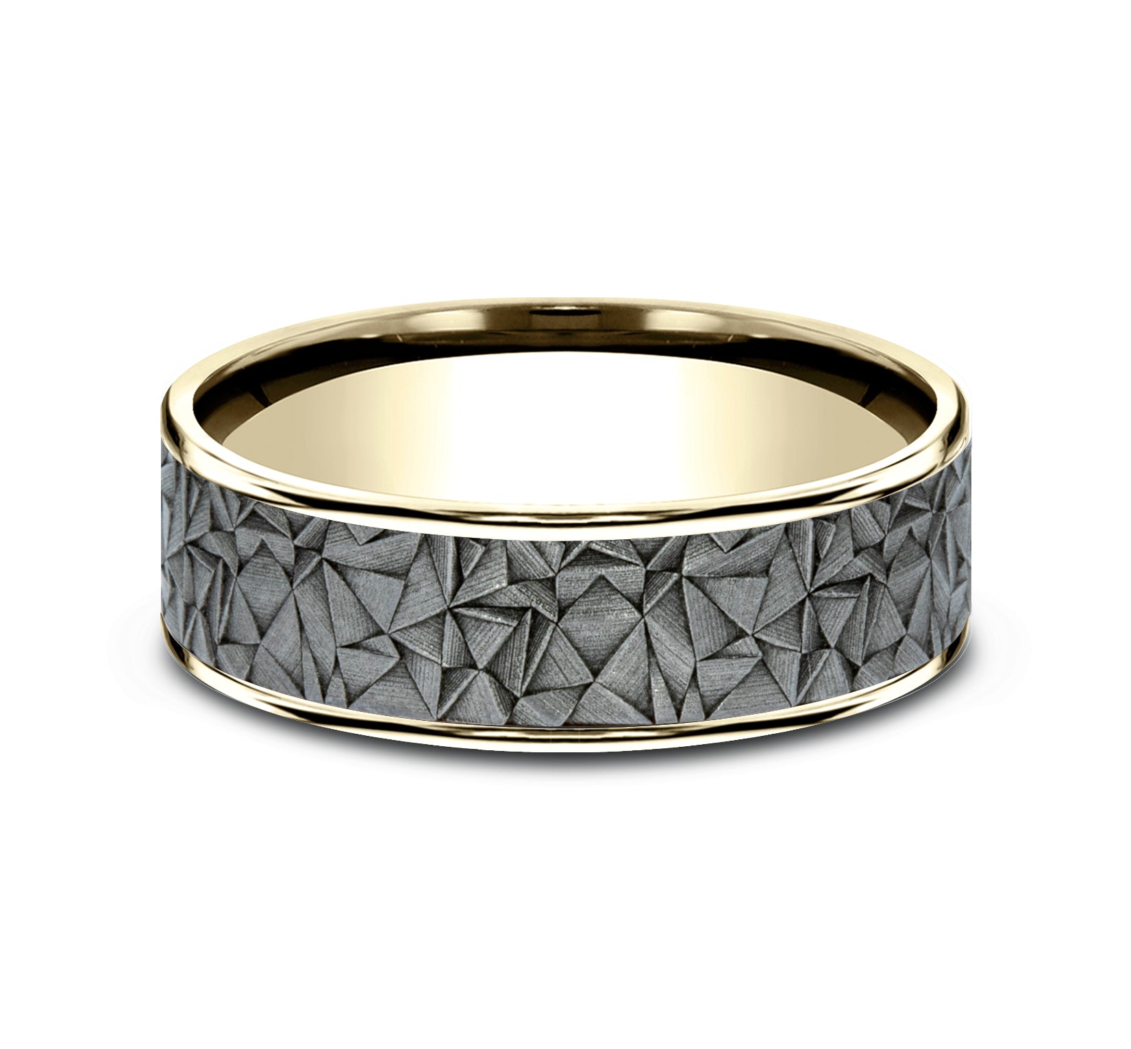THE GALLERY 7.5mm, Comfort fit, 14K Yellow Gold and Grey Tantalum, Kaleidoscope patterned center, thin edges