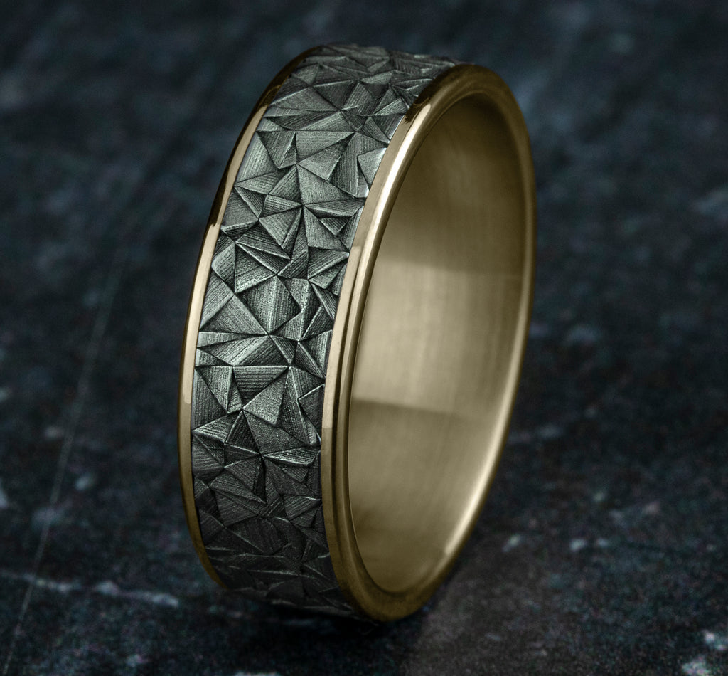 THE GALLERY 7.5mm, Comfort fit, 14K Yellow Gold and Grey Tantalum, Kaleidoscope patterned center, thin edges