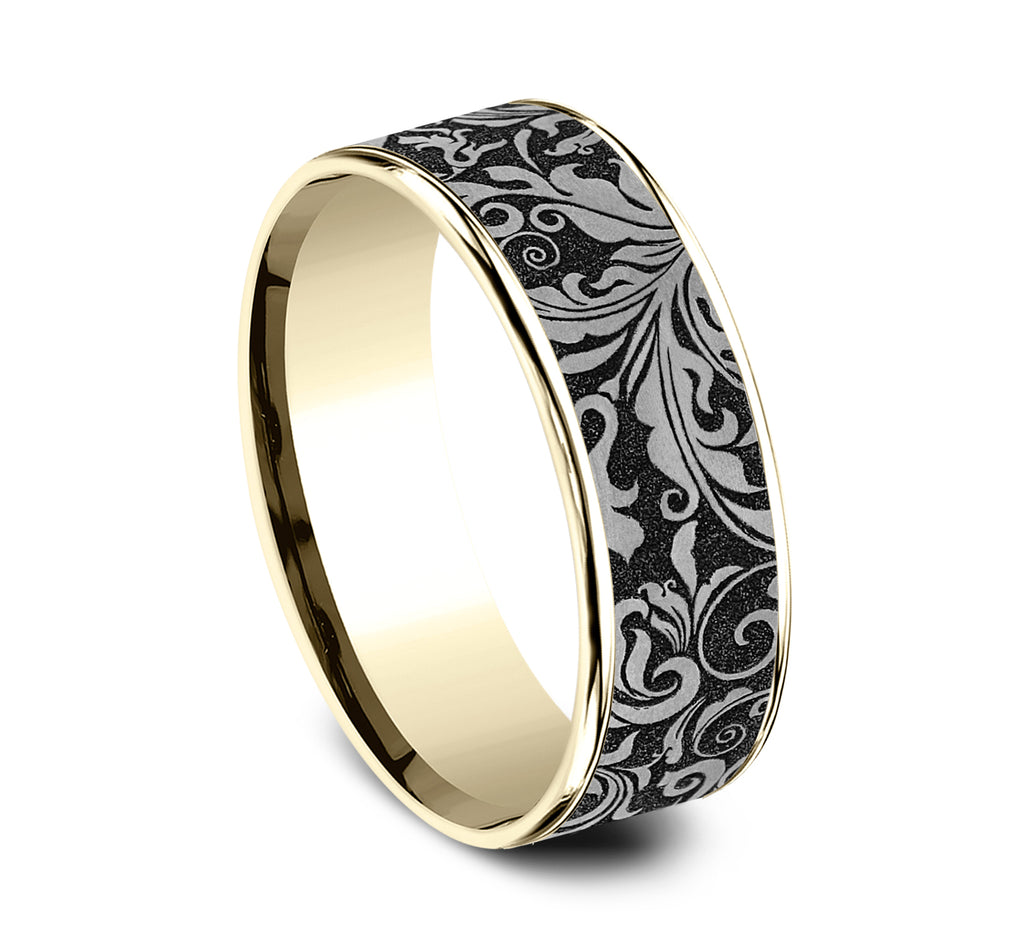 THE VINE 7.5mm, Comfort fit, 14K Yellow Gold and Grey/Black Titanium, Leaf script pattern, thin edges