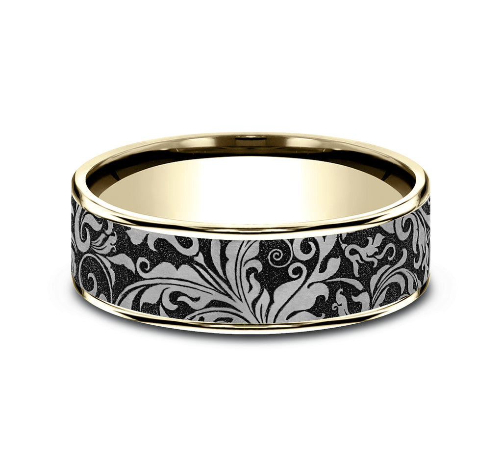 THE VINE 7.5mm, Comfort fit, 14K Yellow Gold and Grey/Black Titanium, Leaf script pattern, thin edges