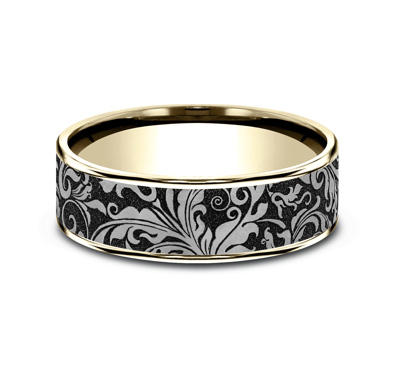 THE VINE 7.5mm, Comfort fit, 14K Yellow Gold and Grey/Black Titanium, Leaf script pattern, thin edges