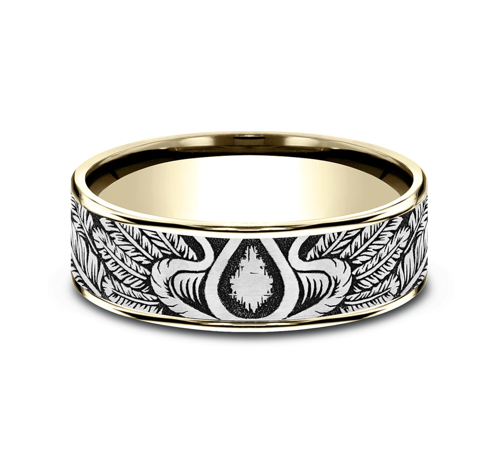 THE COMANCHE 7.5mm, Comfort fit, 14K Yellow Gold and Grey/Black Titanium, Feather pattern, thin edges