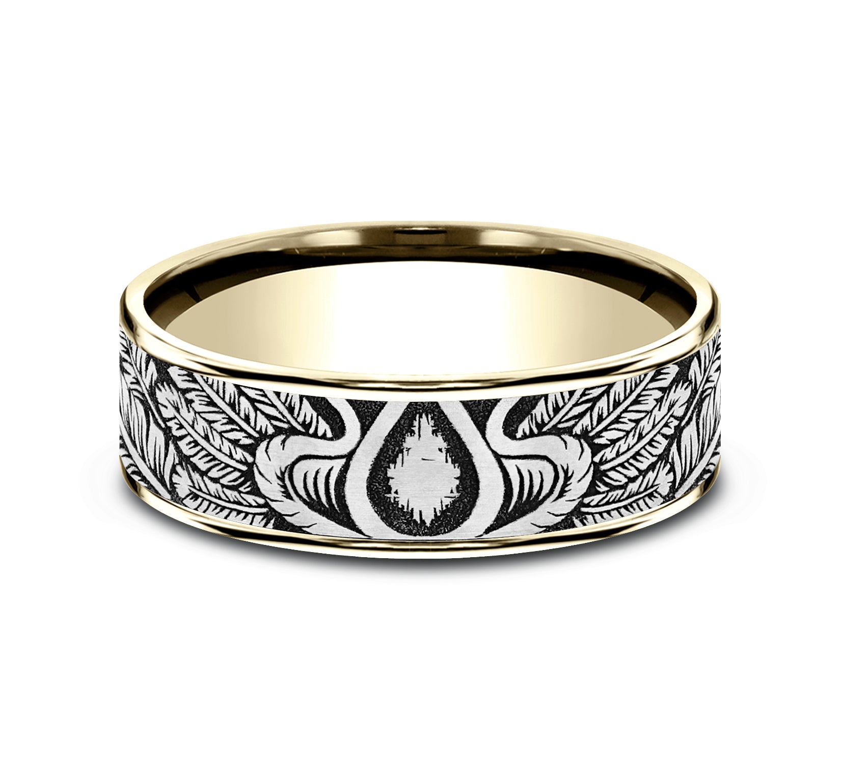 THE COMANCHE 7.5mm, Comfort fit, 14K Yellow Gold and Grey/Black Titanium, Feather pattern, thin edges