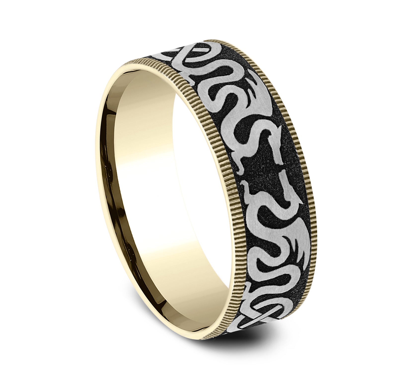 THE DRAGON 7.5mm, Comfort fit, 14K Yellow Gold and Grey-Black Titanium, Dragon and celtic knot design, thin edges