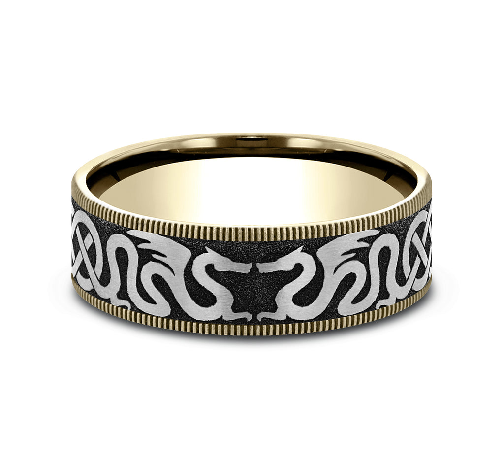 THE DRAGON 7.5mm, Comfort fit, 14K Yellow Gold and Grey-Black Titanium, Dragon and celtic knot design, thin edges