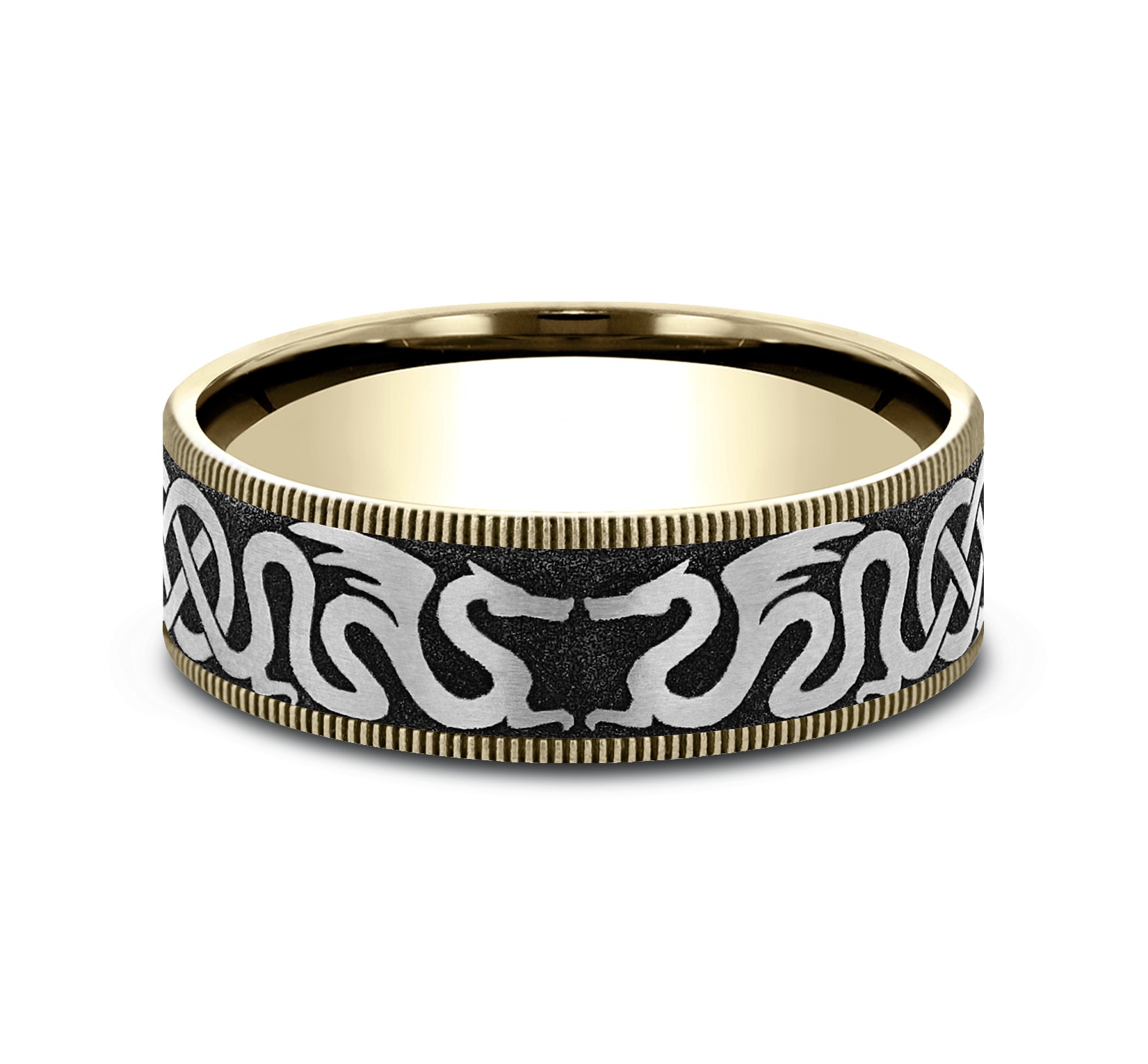THE DRAGON 7.5mm, Comfort fit, 14K Yellow Gold and Grey-Black Titanium, Dragon and celtic knot design, thin edges