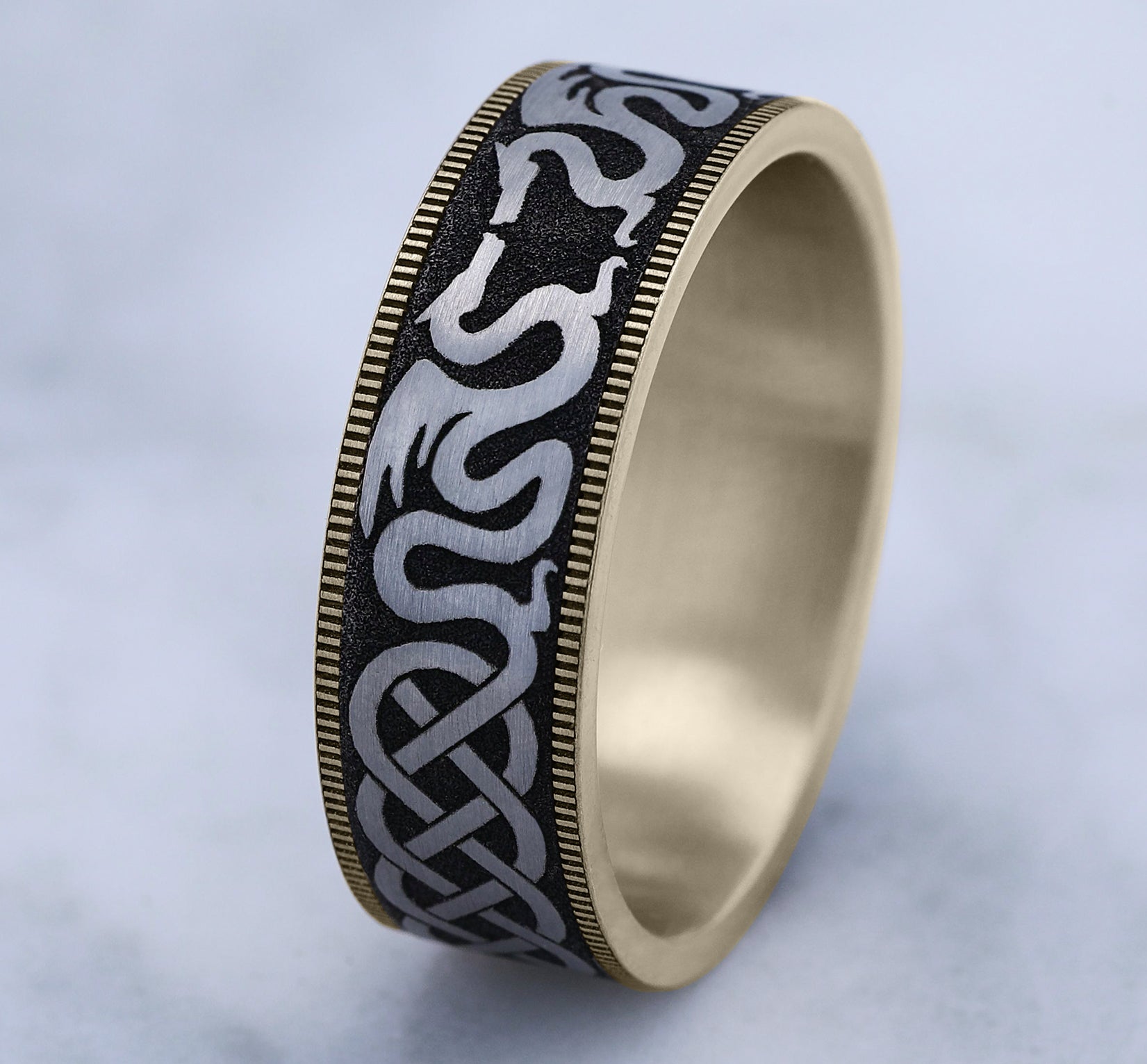 THE DRAGON 7.5mm, Comfort fit, 14K Yellow Gold and Grey-Black Titanium, Dragon and celtic knot design, thin edges