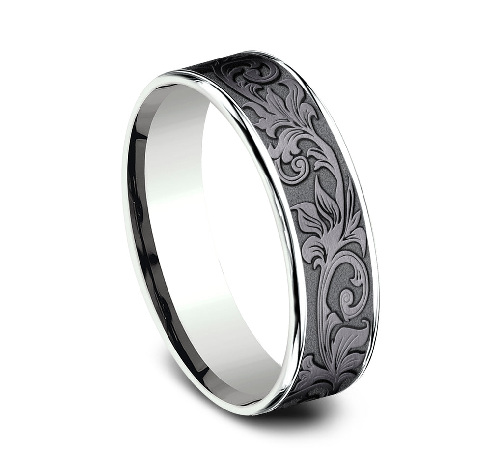 THE PRINCE 6.5mm, Comfort fit, 14K White Gold and Darkened Tantalum, Vintage script pattern, polished thin edges