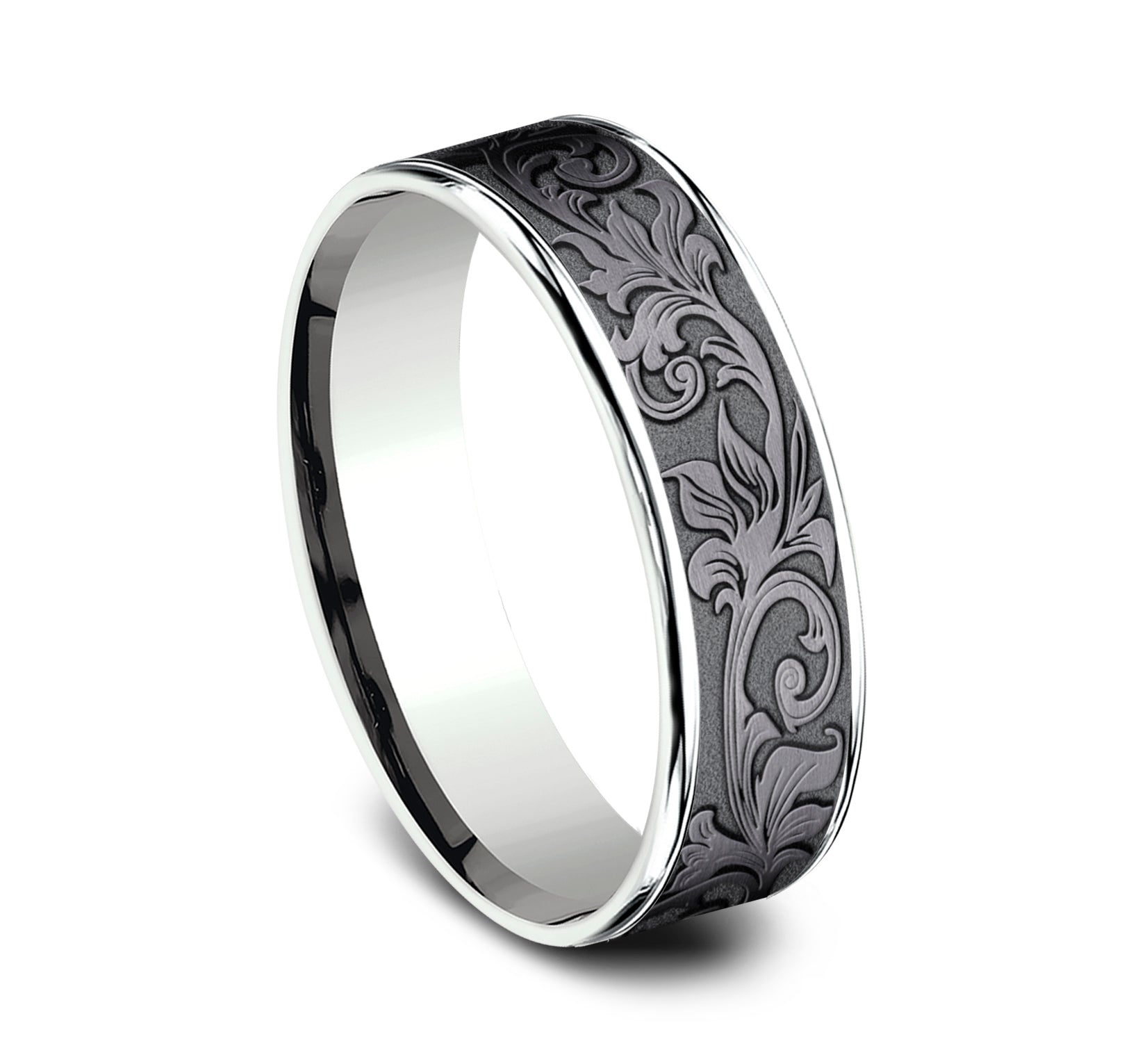 THE PRINCE 6.5mm, Comfort fit, 14K White Gold and Darkened Tantalum, Vintage script pattern, polished thin edges