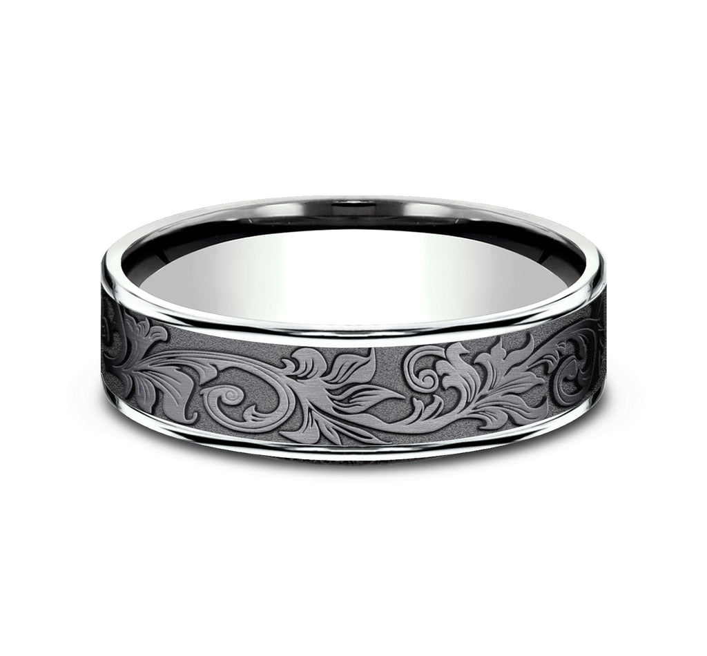 THE PRINCE 6.5mm, Comfort fit, 14K White Gold and Darkened Tantalum, Vintage script pattern, polished thin edges