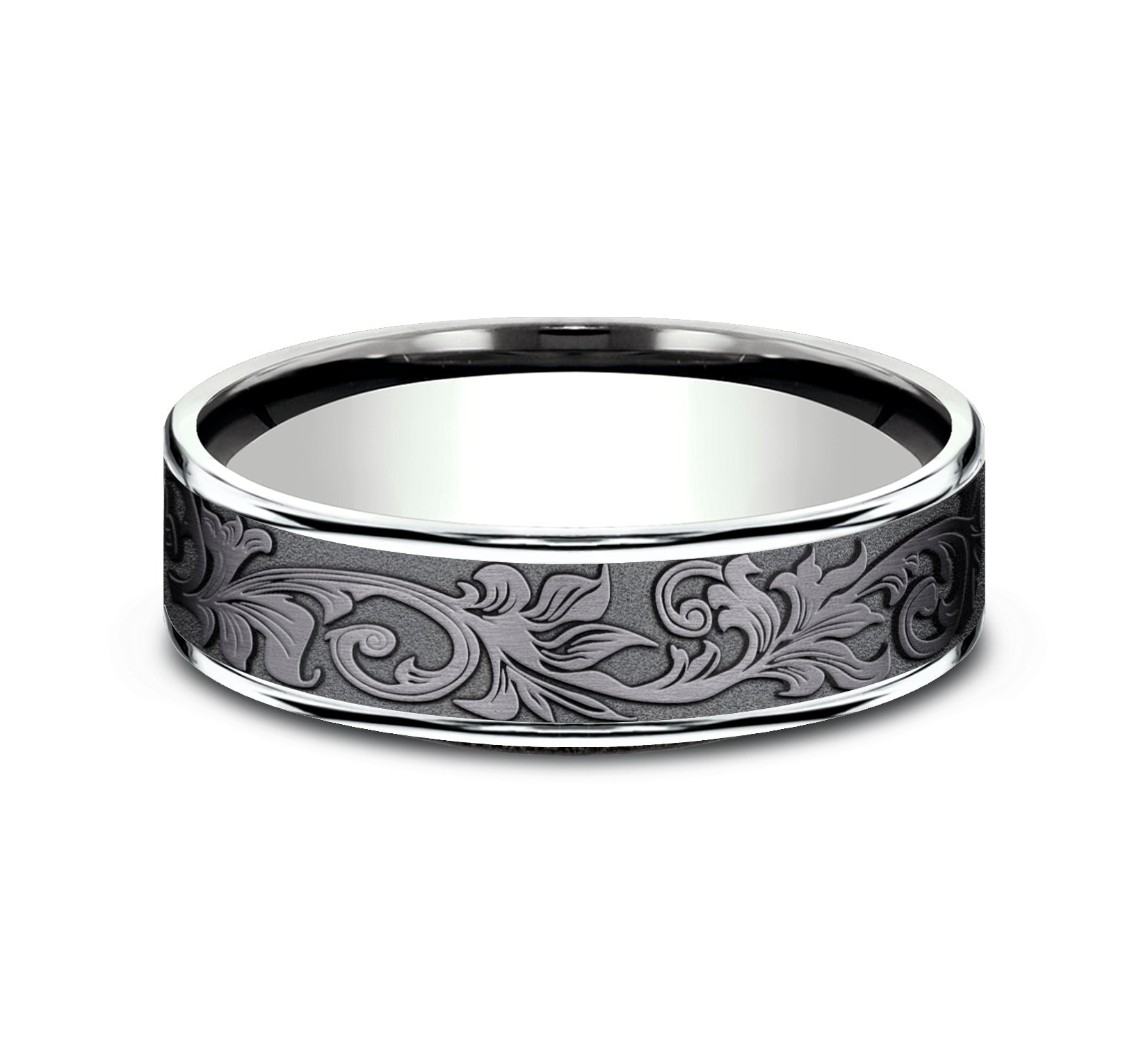 THE PRINCE 6.5mm, Comfort fit, 14K White Gold and Darkened Tantalum, Vintage script pattern, polished thin edges