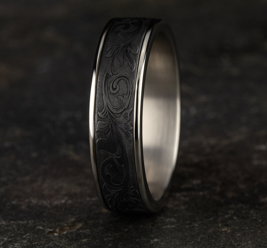 THE PRINCE 6.5mm, Comfort fit, 14K White Gold and Darkened Tantalum, Vintage script pattern, polished thin edges