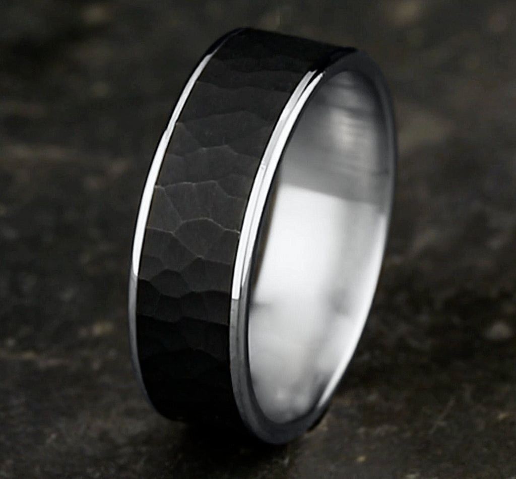 THE MAX 6.5mm, Comfort fit, 14K White Gold and Darkened Tantalum, Hammered center, polished thin edges