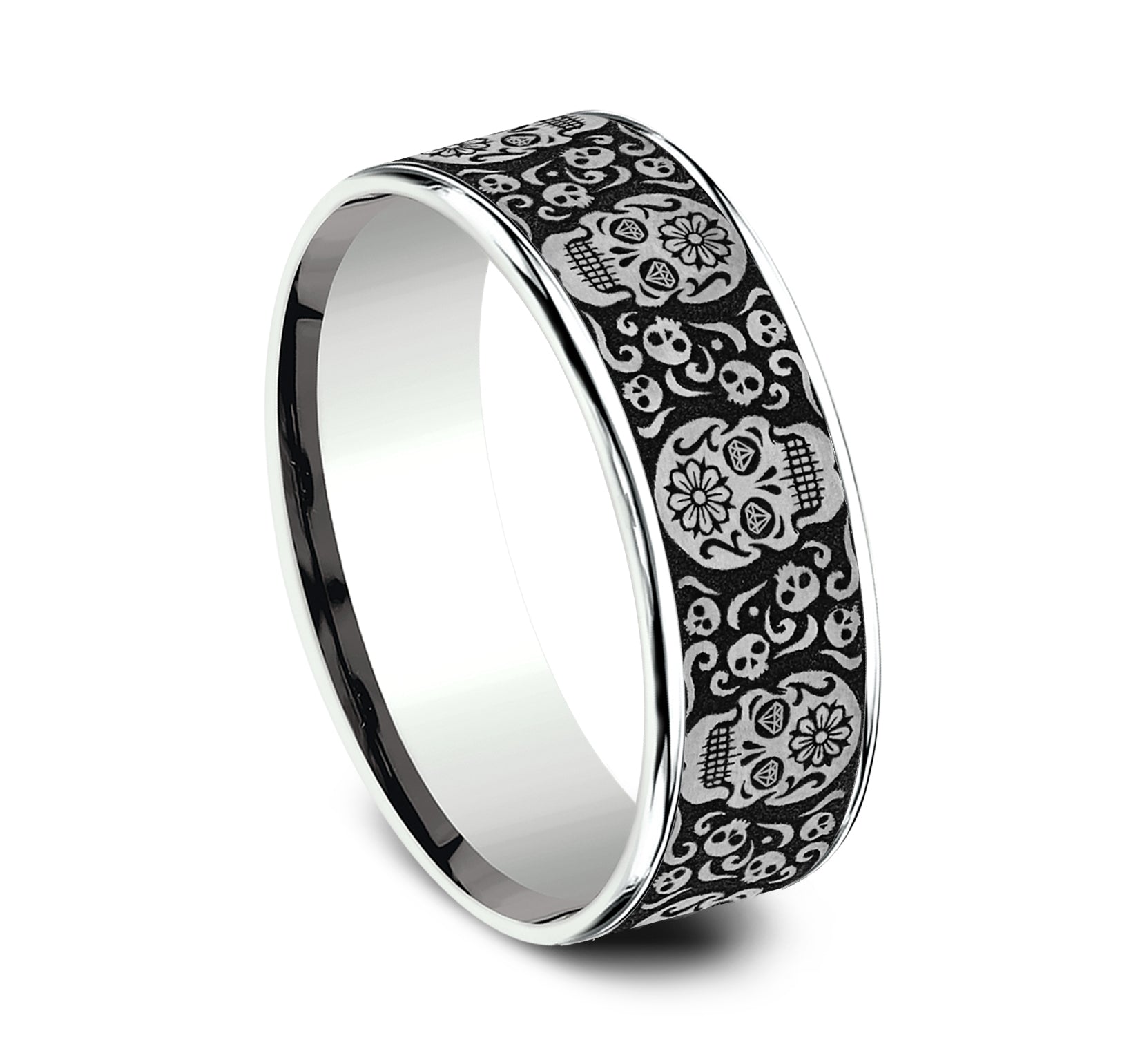 THE SUGAR SKULL 7.5mm, Comfort fit, 14K White Gold and Grey/Black Titanium, Sugar skull pattern, thin edges