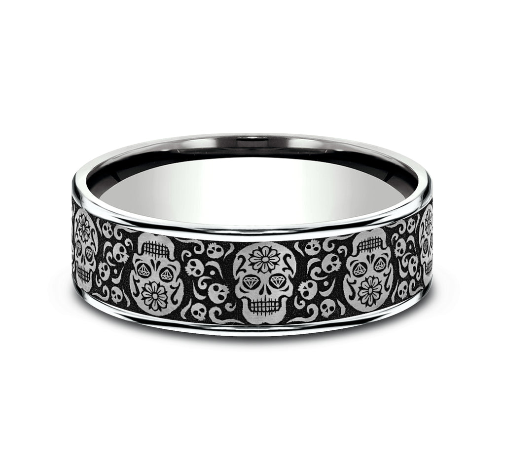 THE SUGAR SKULL 7.5mm, Comfort fit, 14K White Gold and Grey/Black Titanium, Sugar skull pattern, thin edges