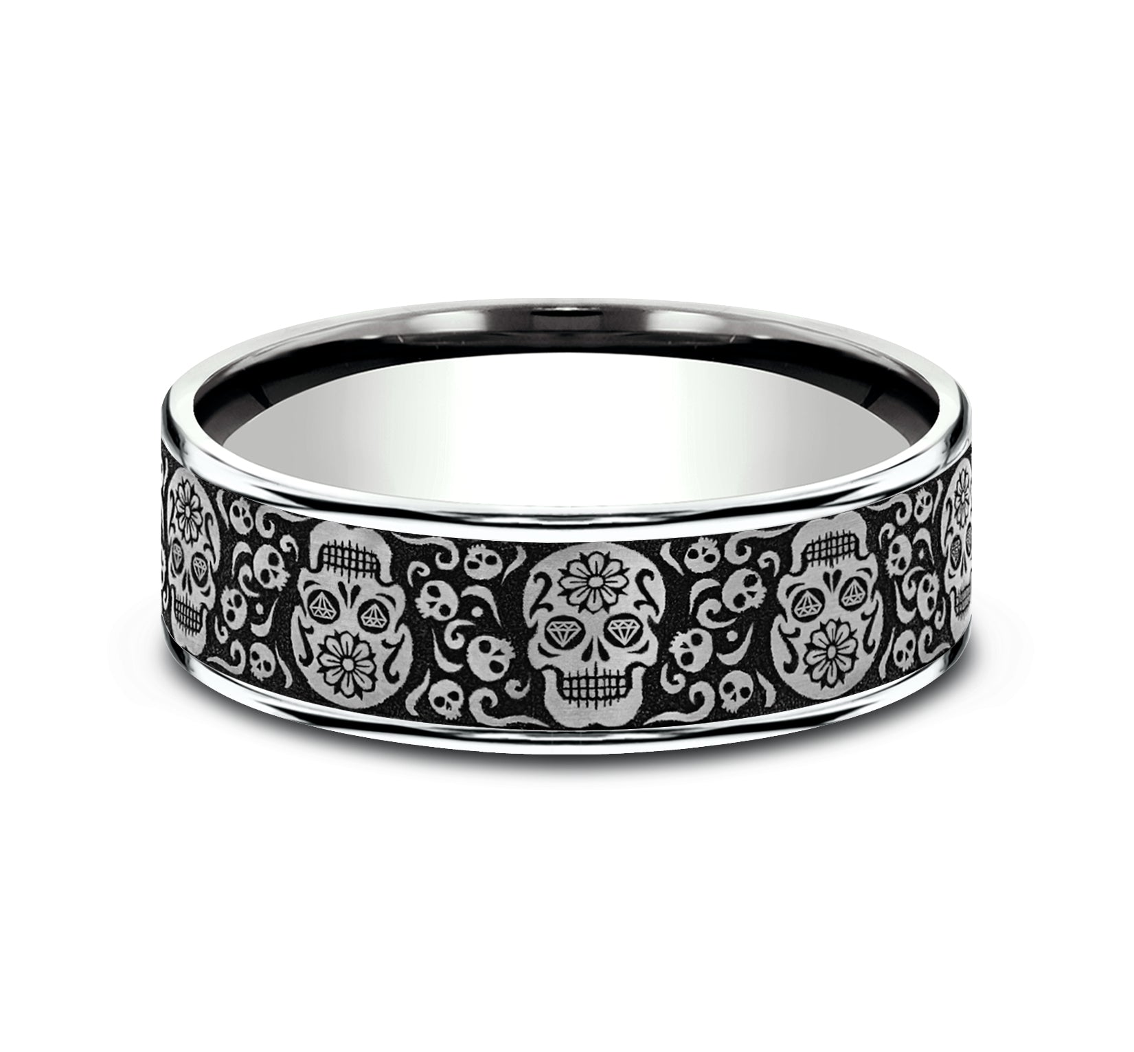 THE SUGAR SKULL 7.5mm, Comfort fit, 14K White Gold and Grey/Black Titanium, Sugar skull pattern, thin edges