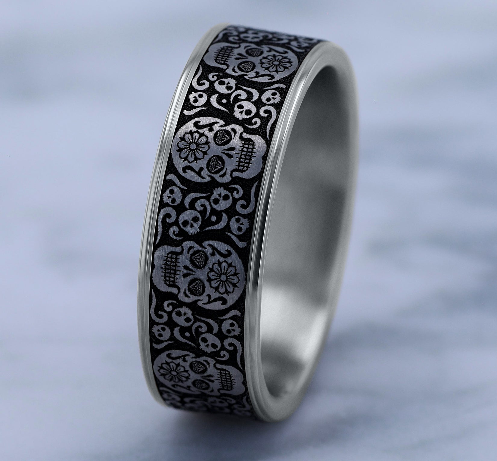 THE SUGAR SKULL 7.5mm, Comfort fit, 14K White Gold and Grey/Black Titanium, Sugar skull pattern, thin edges