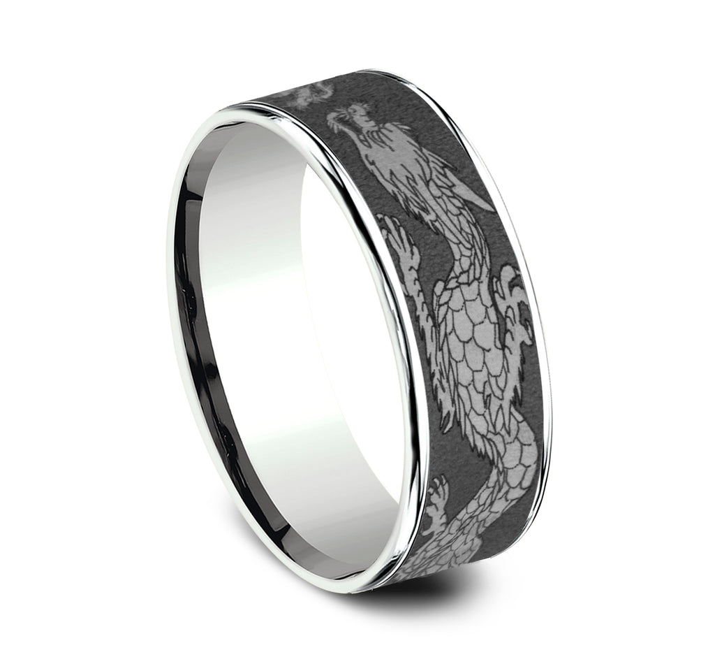 THE PROTECTOR 7.5mm, Comfort fit, 14K White Gold and Darkened Tantalum, Chinese dragon patterened center, thin edges