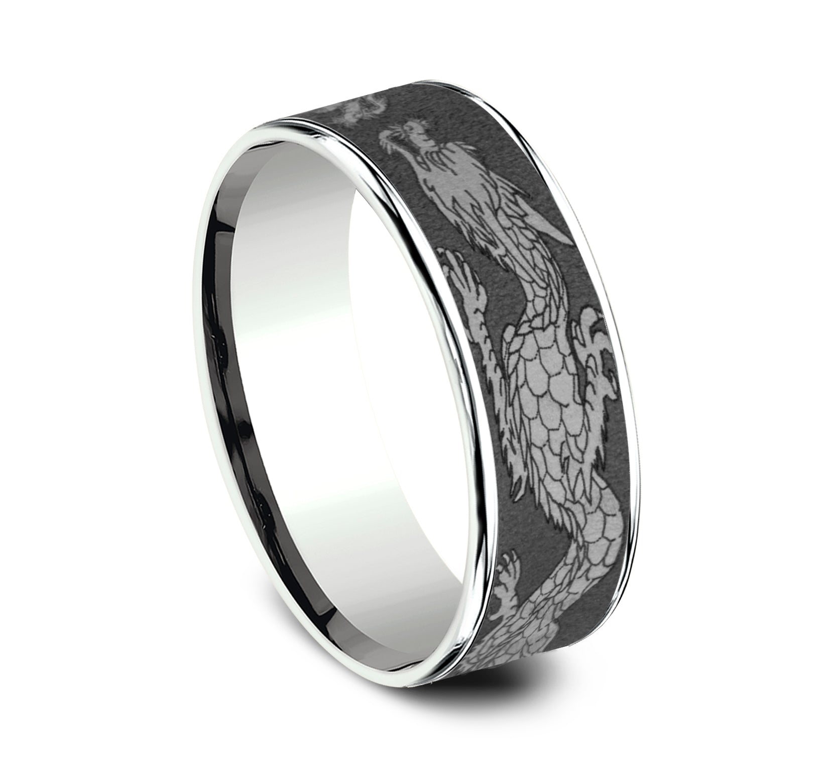 THE PROTECTOR 7.5mm, Comfort fit, 14K White Gold and Darkened Tantalum, Chinese dragon patterened center, thin edges