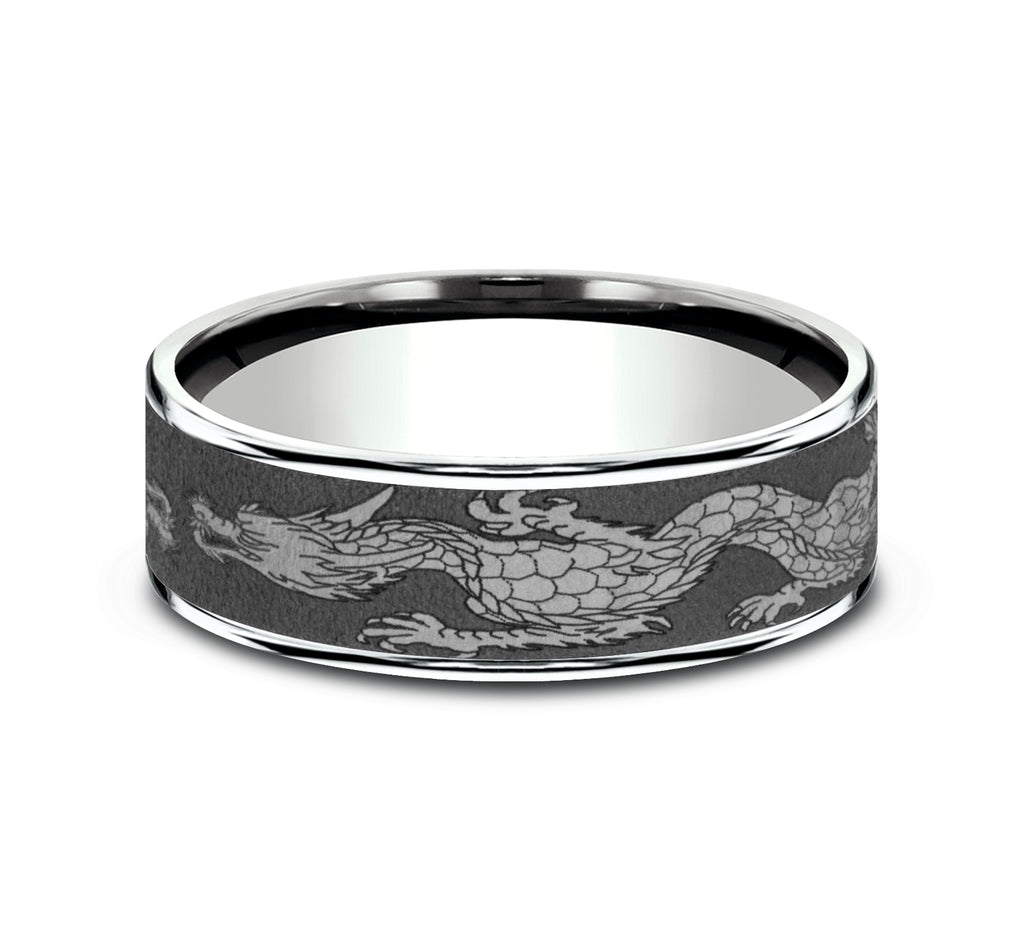 THE PROTECTOR 7.5mm, Comfort fit, 14K White Gold and Darkened Tantalum, Chinese dragon patterened center, thin edges