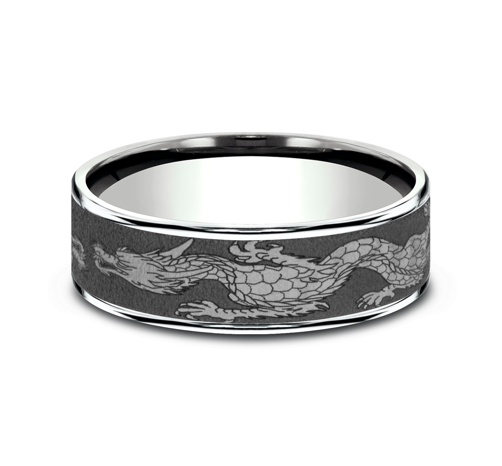 THE PROTECTOR 7.5mm, Comfort fit, 14K White Gold and Darkened Tantalum, Chinese dragon patterened center, thin edges