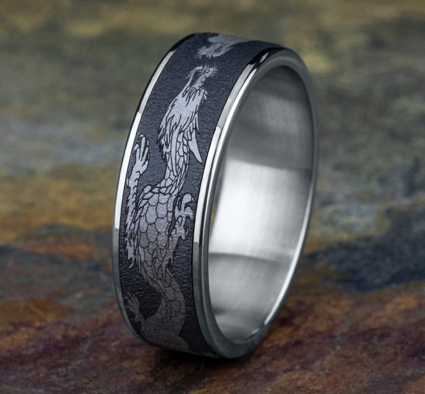 THE PROTECTOR 7.5mm, Comfort fit, 14K White Gold and Darkened Tantalum, Chinese dragon patterened center, thin edges