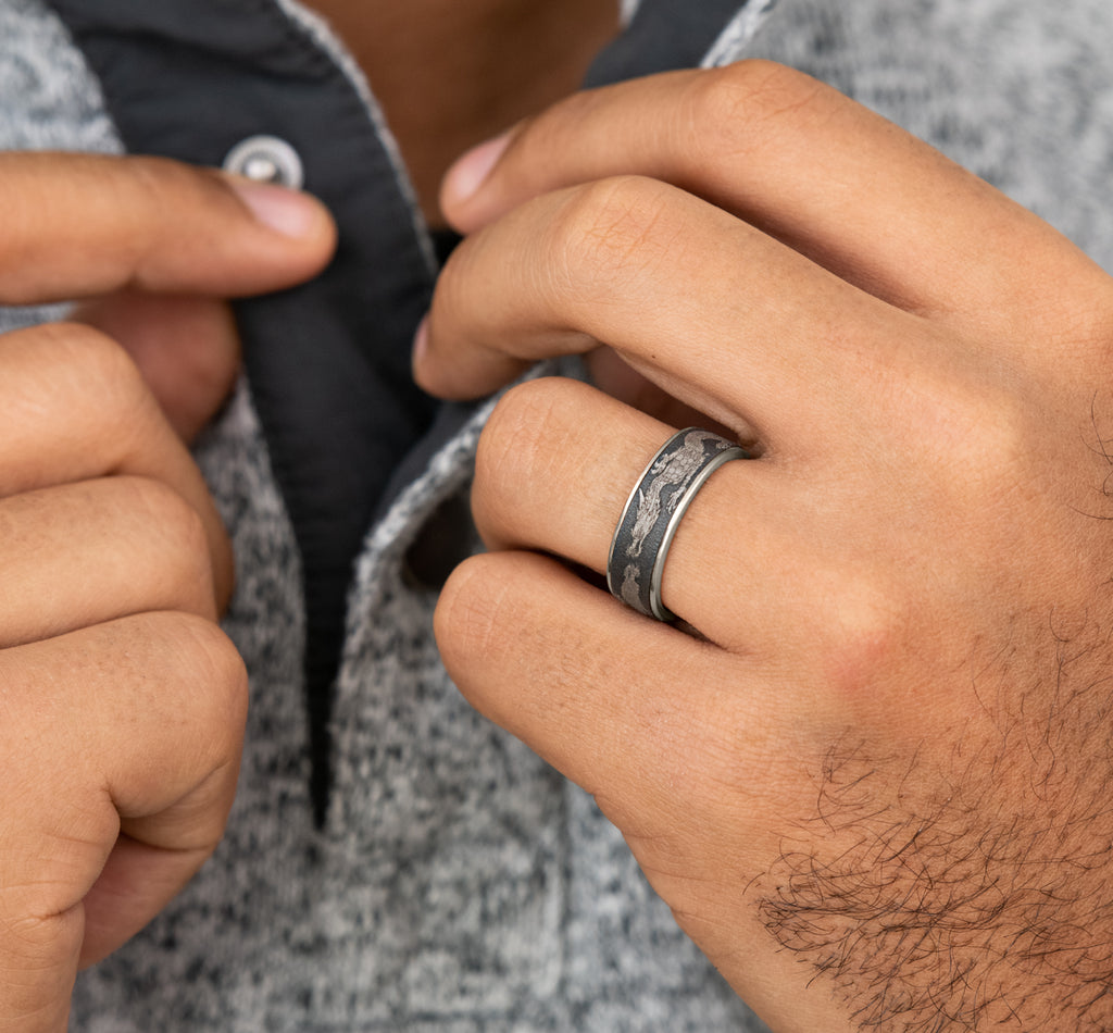 THE PROTECTOR 7.5mm, Comfort fit, 14K White Gold and Darkened Tantalum, Chinese dragon patterened center, thin edges