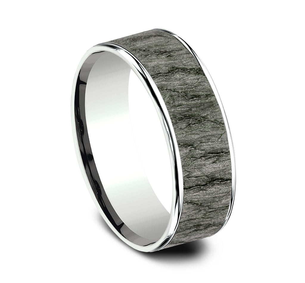 THE RAINIER 7.5mm, Comfort fit, 14K White Gold and Grey Tantalum, Lava rock textured center, polished thin edges