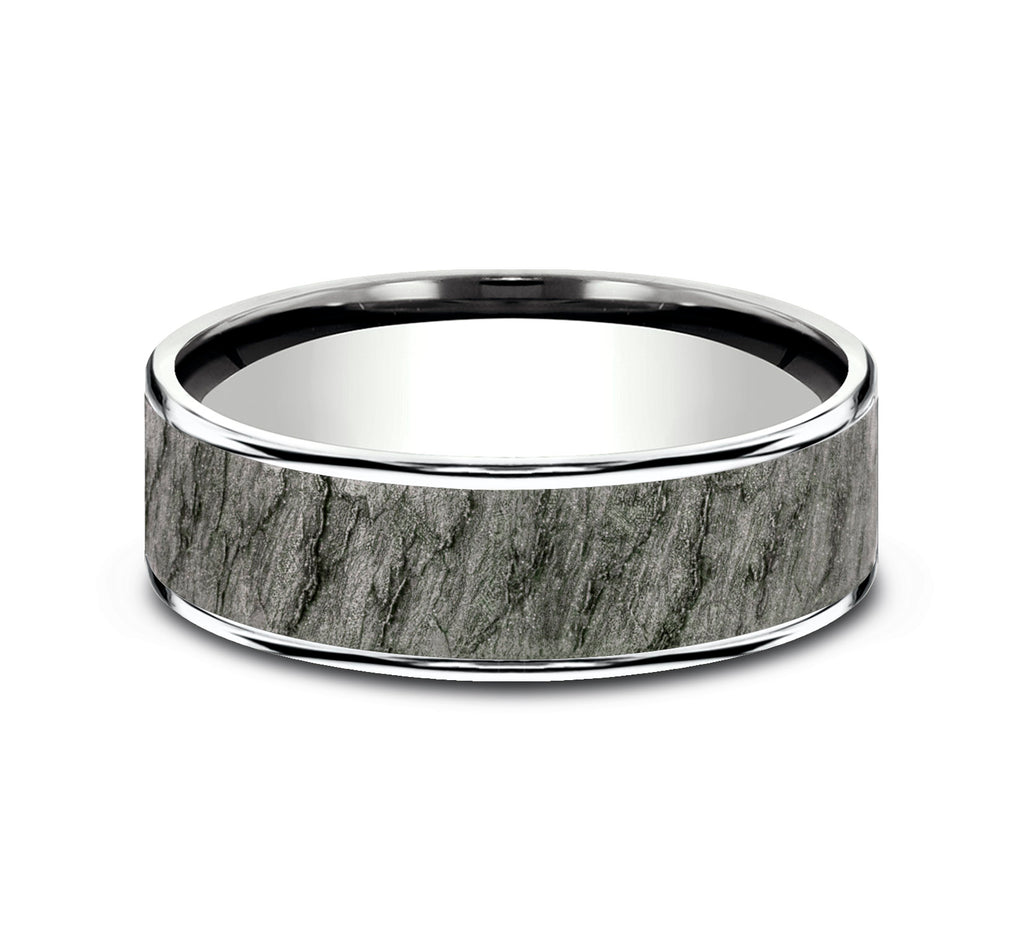 THE RAINIER 7.5mm, Comfort fit, 14K White Gold and Grey Tantalum, Lava rock textured center, polished thin edges