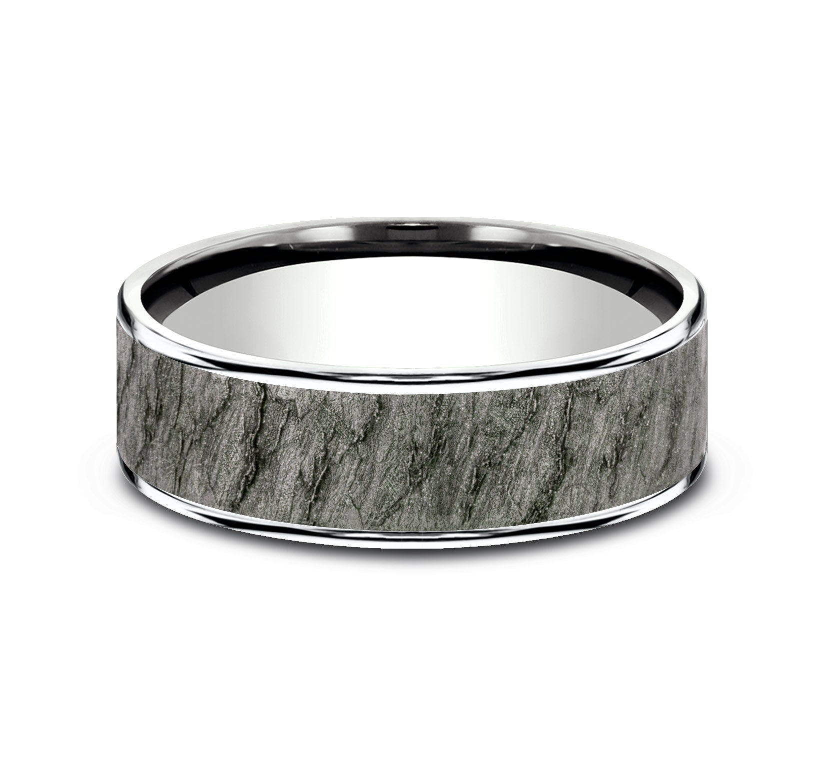 THE RAINIER 7.5mm, Comfort fit, 14K White Gold and Grey Tantalum, Lava rock textured center, polished thin edges
