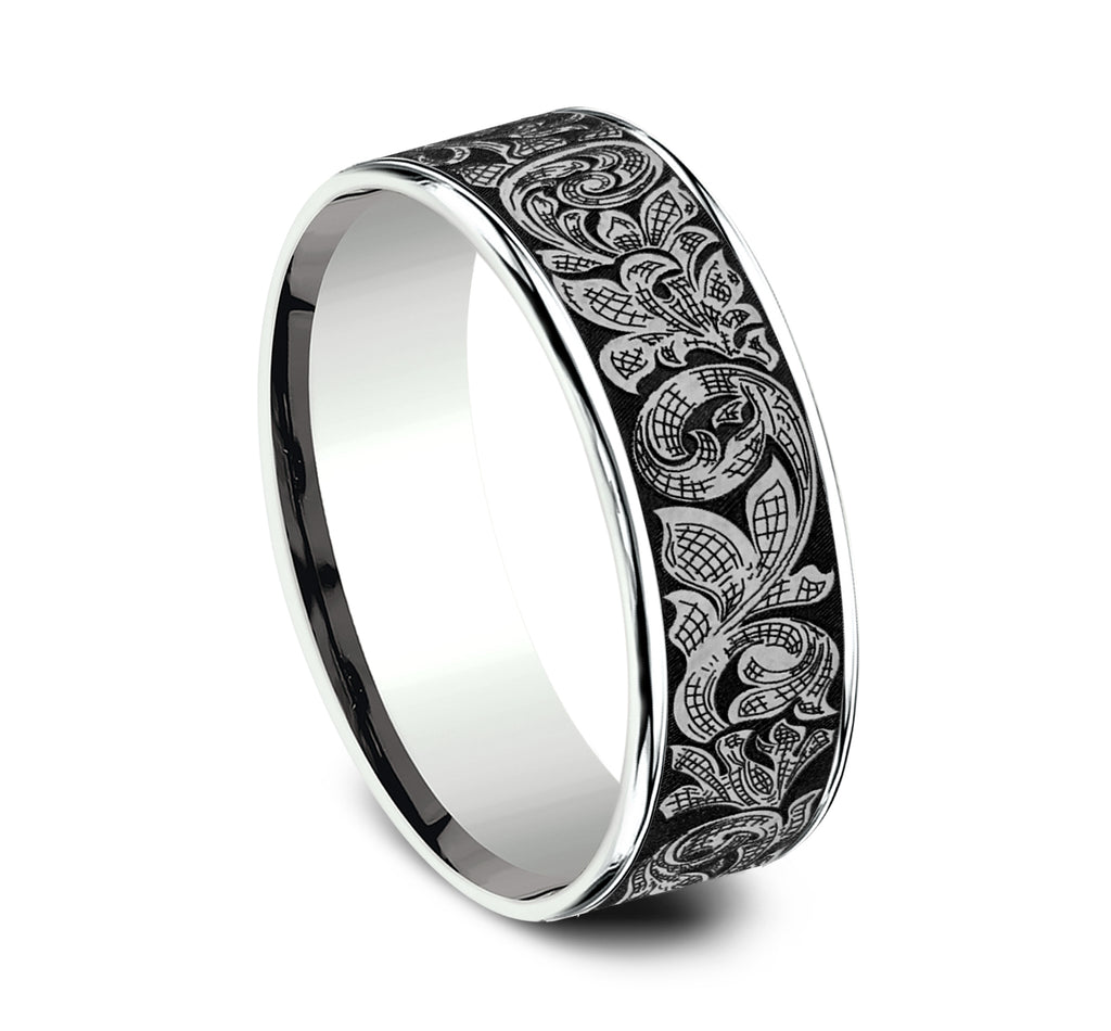 THE EMBASSY 7.5mm, Comfort fit, 14K White Gold and Grey Tantalum, London script patterned center, thin edges