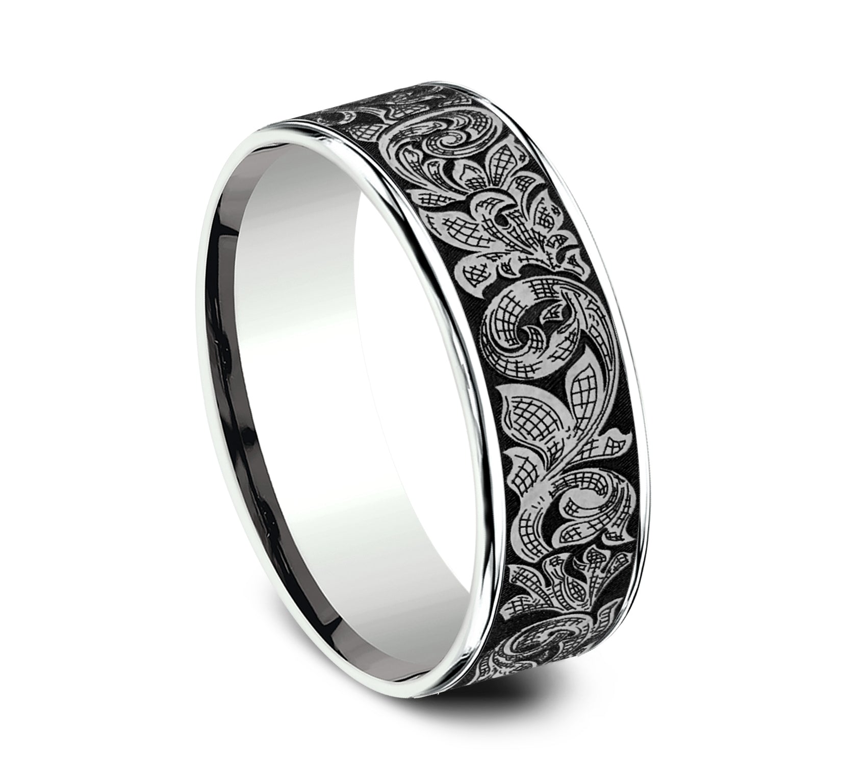 THE EMBASSY 7.5mm, Comfort fit, 14K White Gold and Grey Tantalum, London script patterned center, thin edges