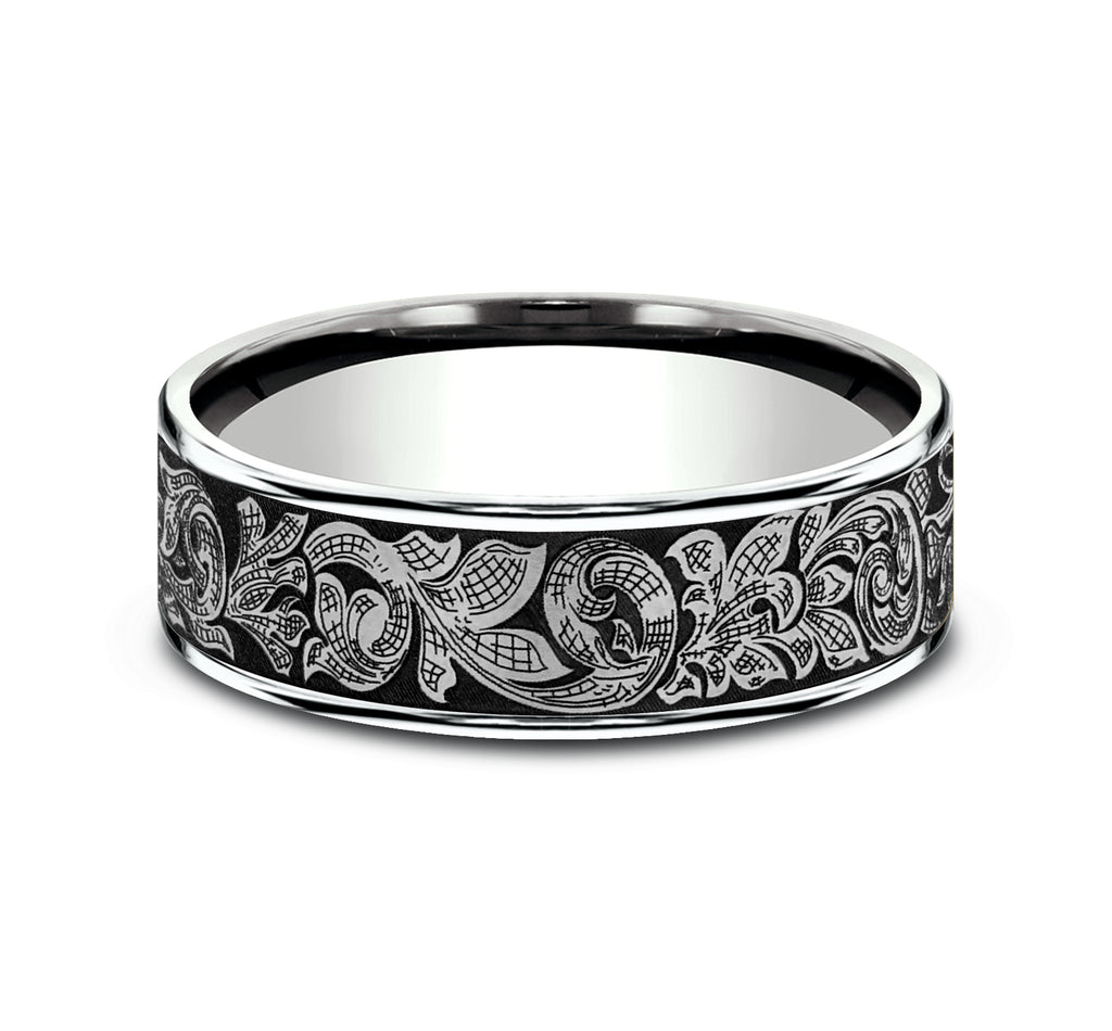 THE EMBASSY 7.5mm, Comfort fit, 14K White Gold and Grey Tantalum, London script patterned center, thin edges