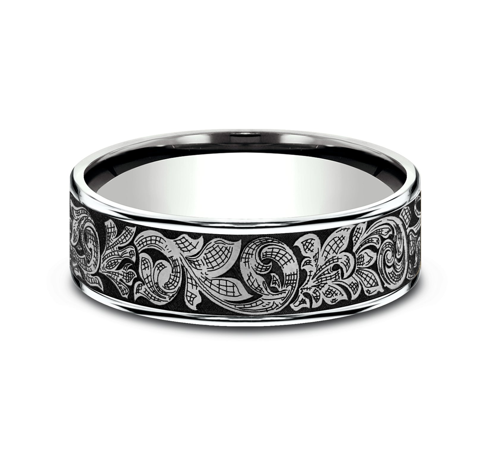 THE EMBASSY 7.5mm, Comfort fit, 14K White Gold and Grey Tantalum, London script patterned center, thin edges