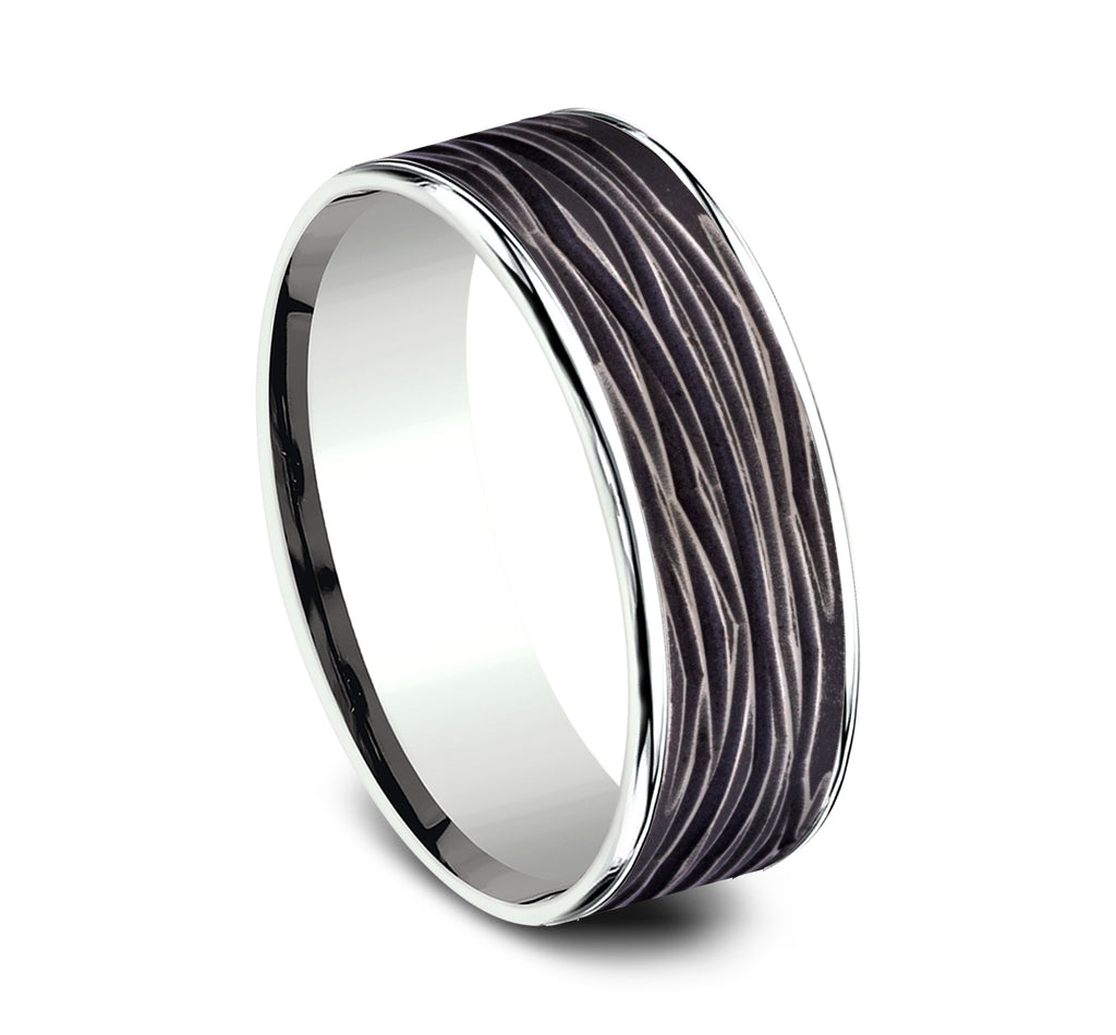 THE DRYAD 7.5mm, Comfort fit, 14K White Gold and Black Titanium, Horizontal bark patterned center, polished thin edges