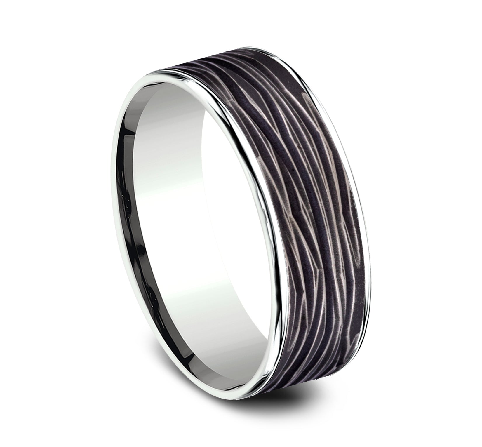 THE DRYAD 7.5mm, Comfort fit, 14K White Gold and Black Titanium, Horizontal bark patterned center, polished thin edges