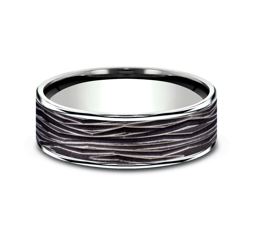 THE DRYAD 7.5mm, Comfort fit, 14K White Gold and Black Titanium, Horizontal bark patterned center, polished thin edges