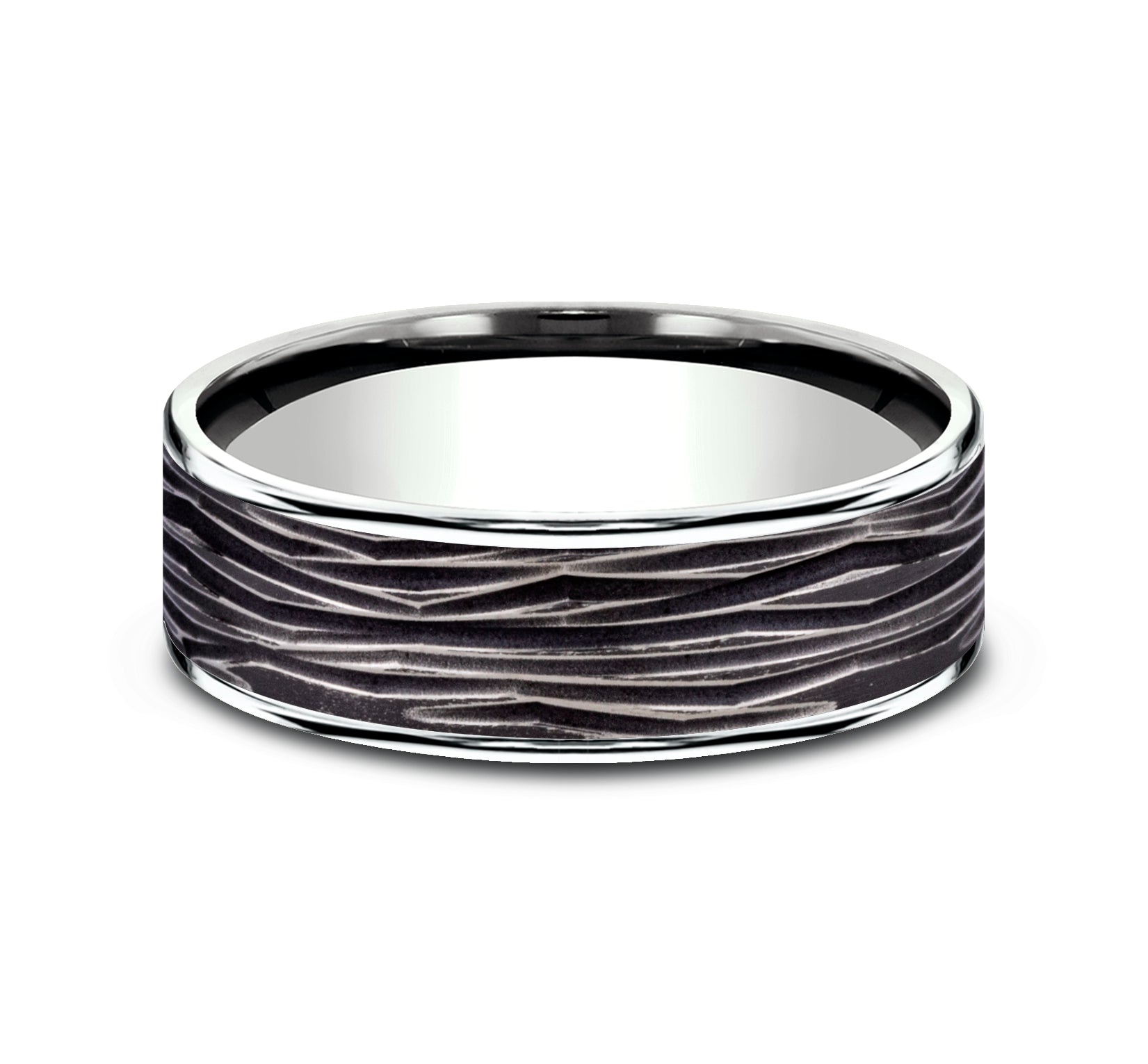 THE DRYAD 7.5mm, Comfort fit, 14K White Gold and Black Titanium, Horizontal bark patterned center, polished thin edges