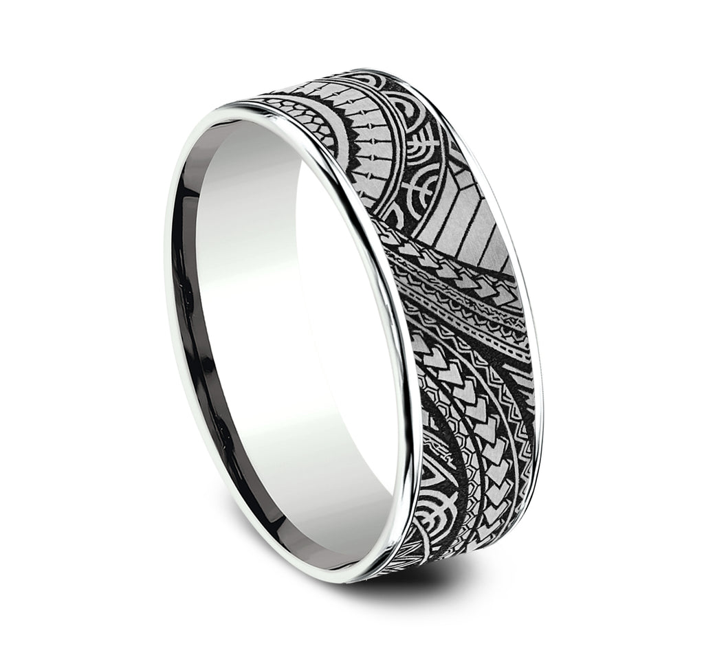 THE POLYNESIAN 7.5mm, Comfort fit, 14K White Gold and Grey-Black Titanium, Polynesian inspired design, thin edges